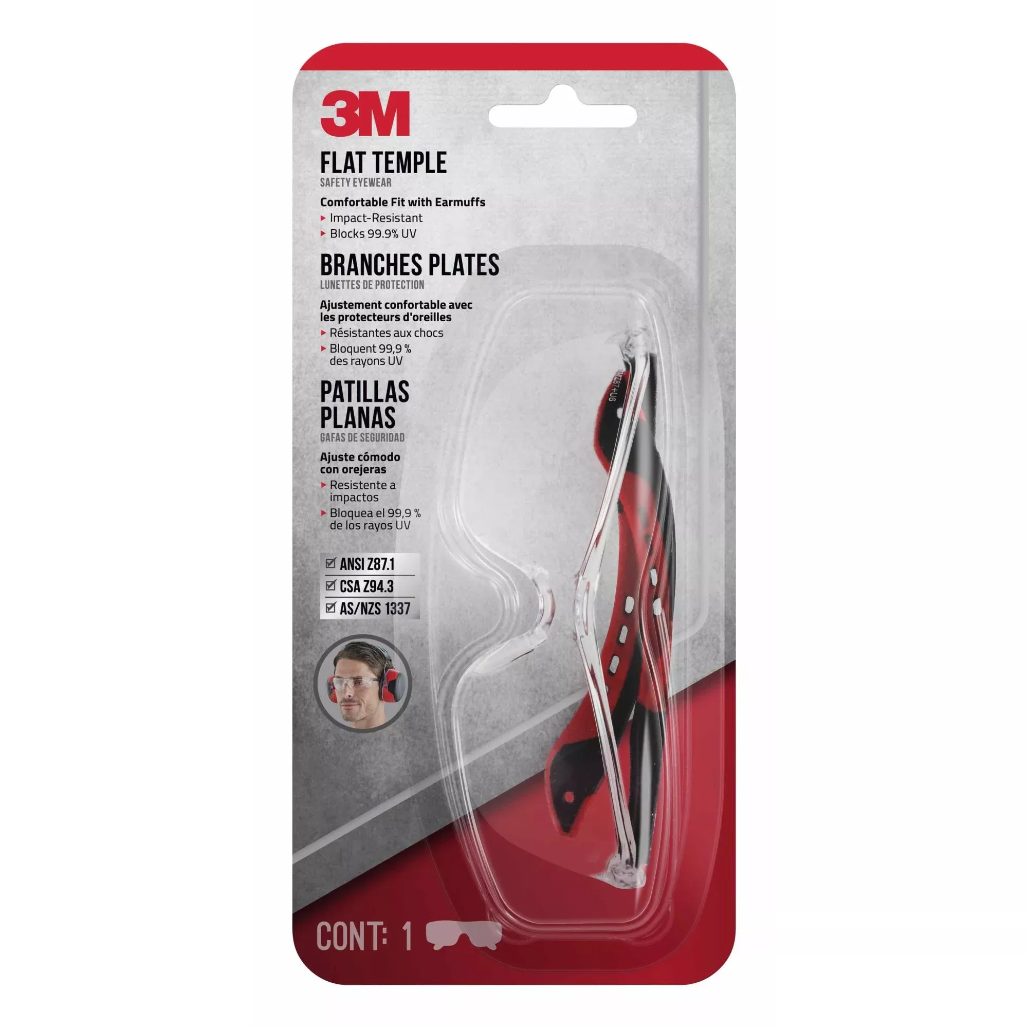 3M Flat Temple Eyewear, 47010H1-C, Black/Red, Clear Lens, Anti-Scratch