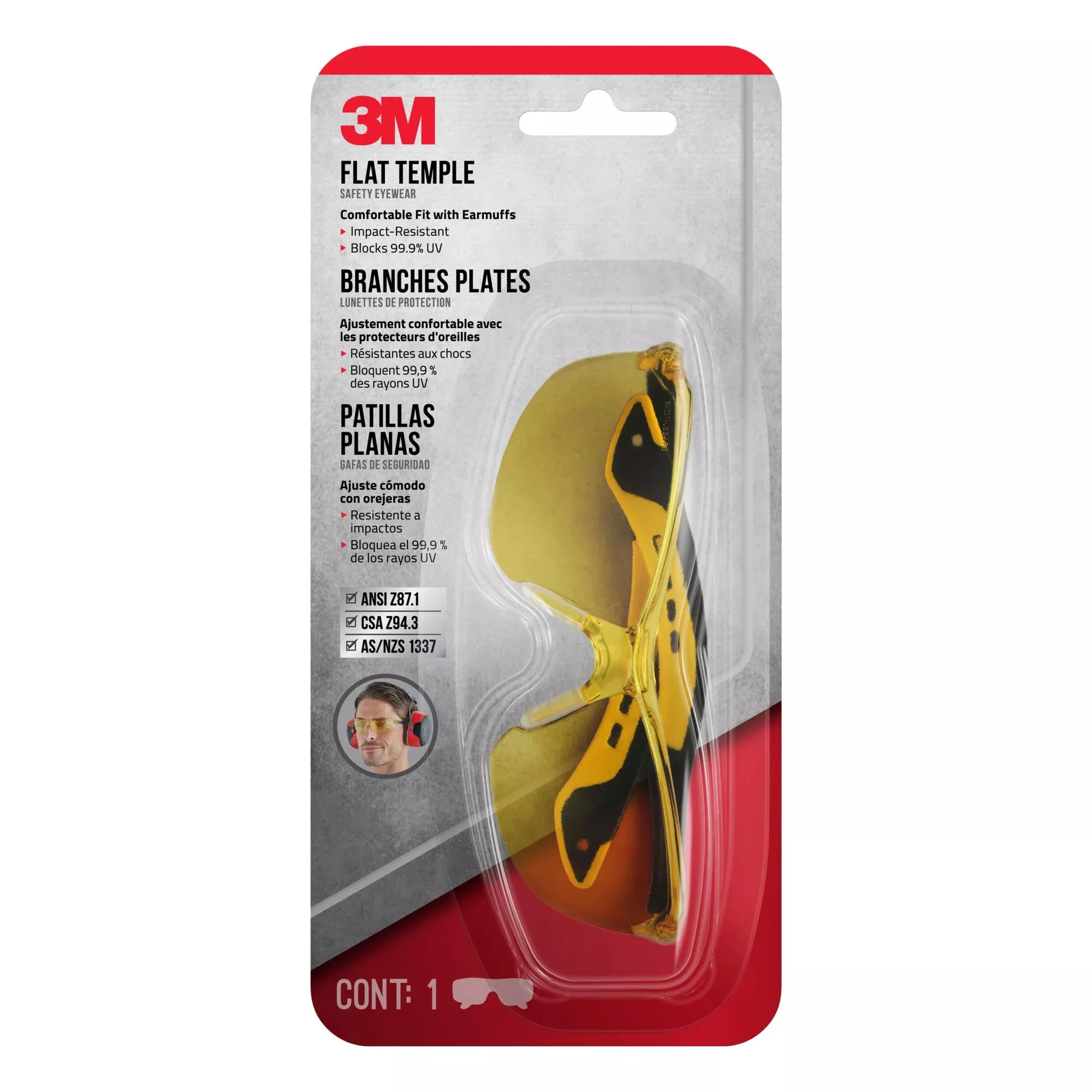 3M Flat Temple Eyewear Anti-Scratch, 47013H1-DC, Black/Yellow, AmberLens