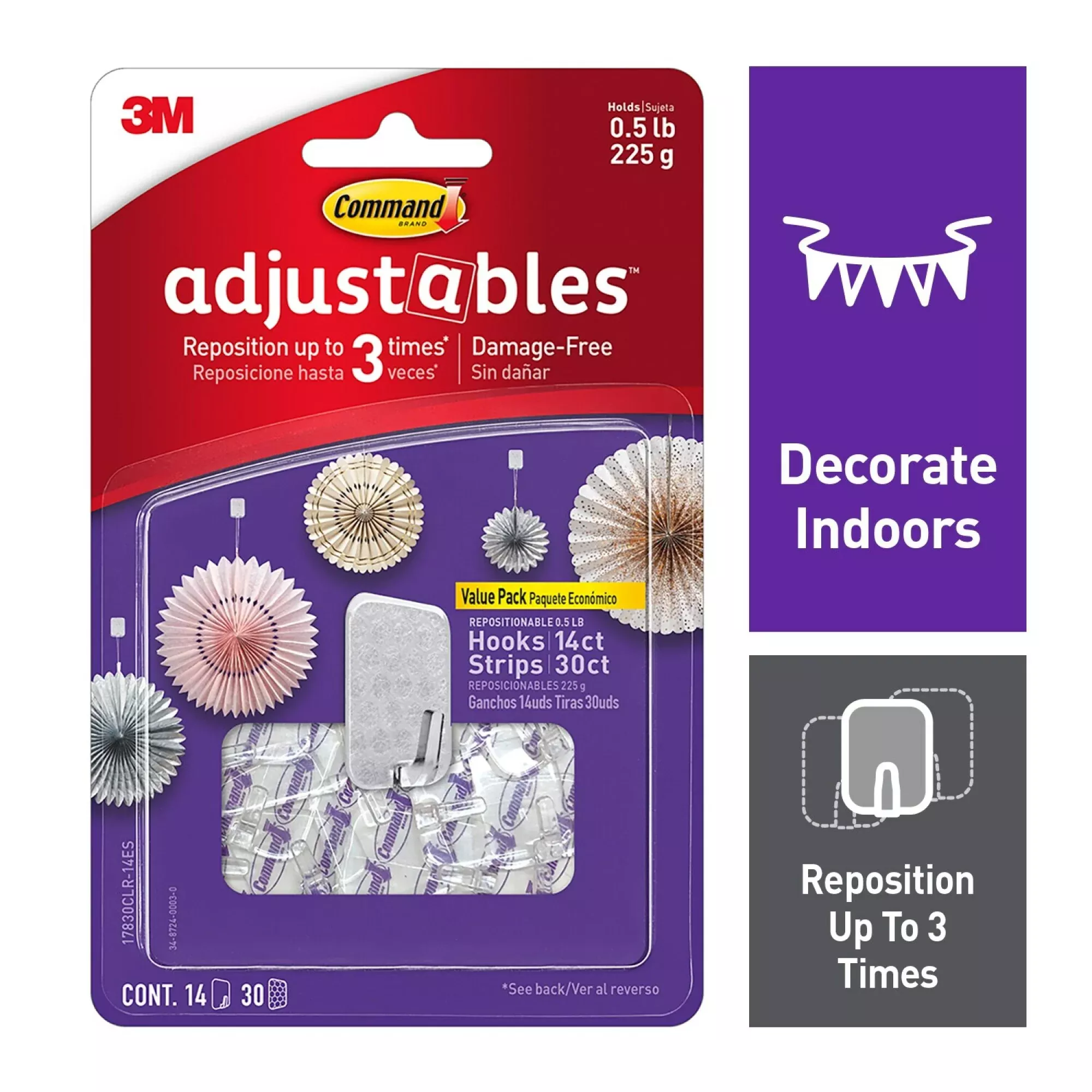 Command Adjustables Repositionable 1/2 lb Hooks, 14 Hooks, 30 Strips