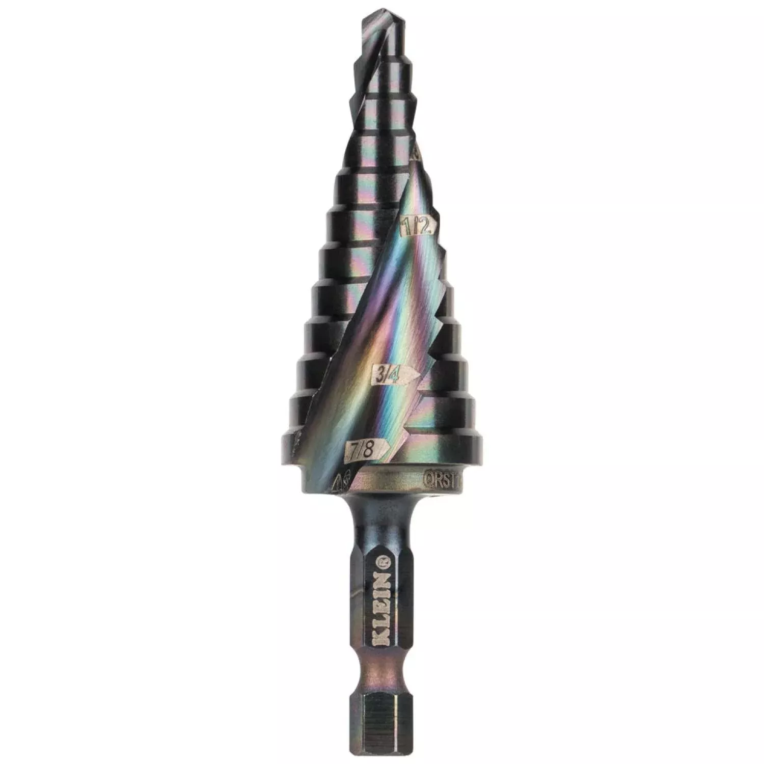 Klein Tools QRST14 Step Drill Bit, Quick Release, Spiral Flute, 3/16 to 7/8"
