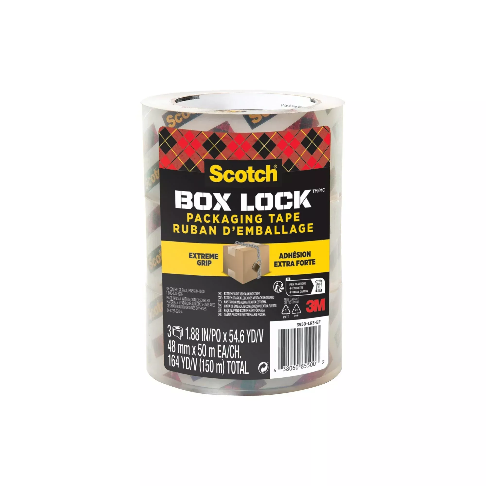 Scotch Box Lock Packaging Tape 3950-LR3-EF, 1.88 in x 54.6 yd (48 mm x 50 m)